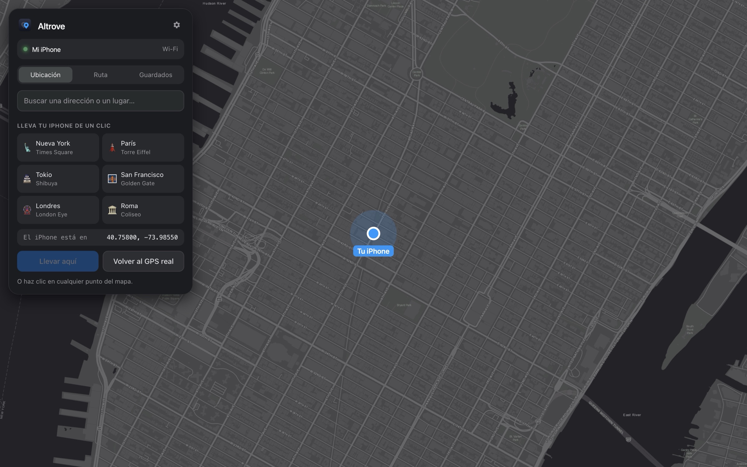 Altrove con el iPhone situado en Times Square, Nueva York